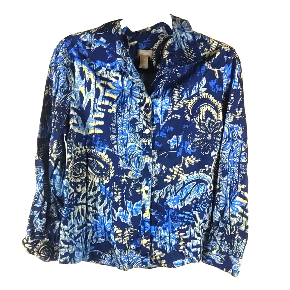 Chico's Women's Button Down Shirt Long Sleeve Size 1 Medium Blue Floral Tree